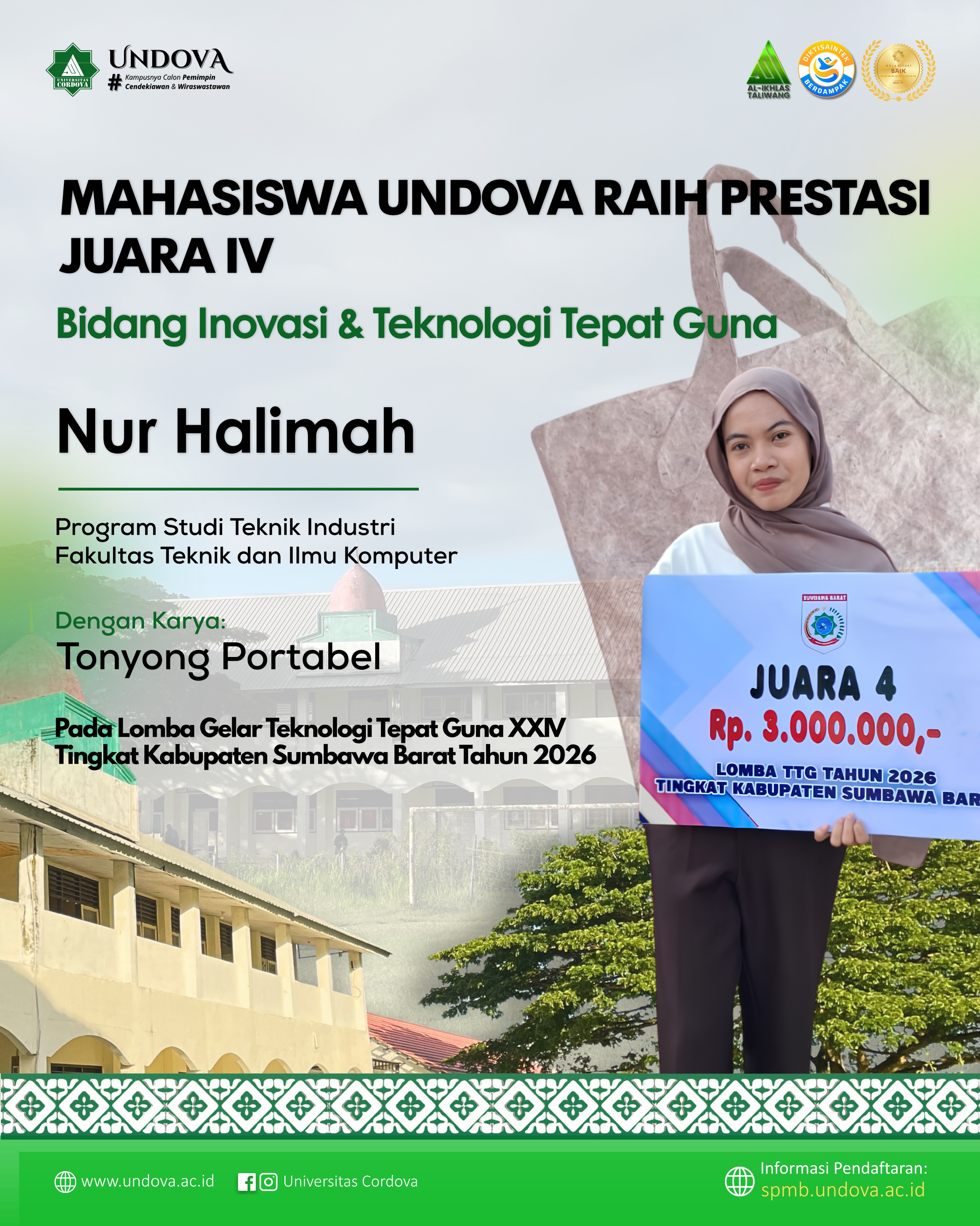 Selamat dan sukses kepada Nur Halimah, mahasiswa Program Studi Teknik Industri, Fakultas Teknik dan Ilmu Ko…